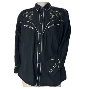 Express Riders Mens L Long Sleeve Pearl Snap Western Black Embroidered Shirt
